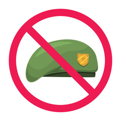 Naklejka premium No military sign, no army sign, forbidden sign with military green beret icon, vector illustration 