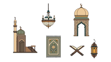 Collection of Islamic cultural elements including a mosque, prayer mat, Quran, chandelier, lantern, and archway, ideal for religious and cultural themes