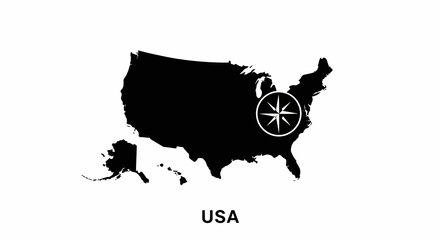 Iconic silhouette of the United States map, augmented with a navigational compass rose, symbolizing direction, travel, and the nation's geographical placement