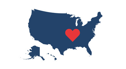 A red heart graphic marking the geographical center of the USA, representing love for the country and its heartland