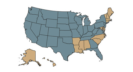 United States of America map highlighting states with distinct political or demographic characteristics