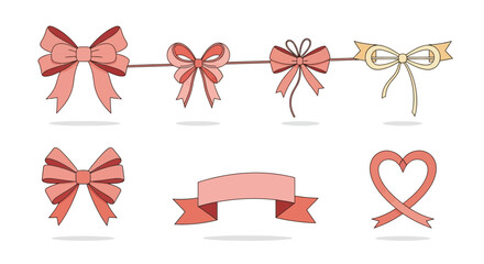 A charming collection concept of various hand-drawn pink bows and decorative ribbons, perfect for adding a touch of elegance to gifts, celebrations, and festive designs