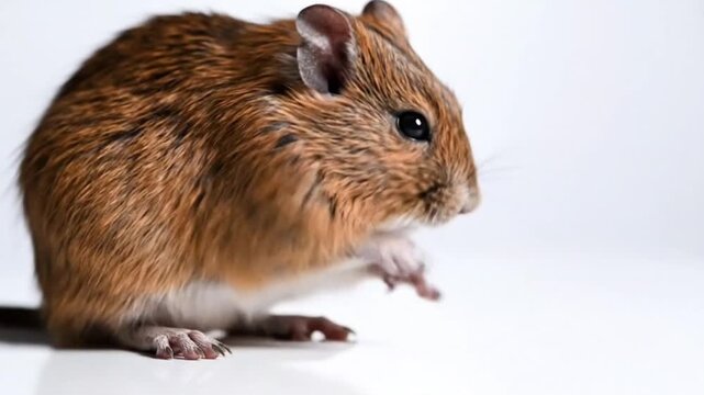 A captivating close-up captures a small, furry brown rodent, likely a mouse, sitting attentively against a clean, brilliant white background. Its soft, textured fur, delicate ears, long twitching whis