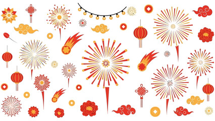 Vibrant collection of festive elements for Chinese New Year, featuring fireworks, lanterns, lucky coins, and traditional floral motifs, perfect for holiday designs and cultural celebrations
