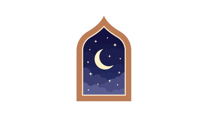 Serene nocturnal sky with a radiant crescent moon and twinkling stars, viewed through an elegantly arched window frame, evoking tranquility and wonder