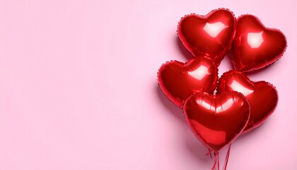Three red heart-shaped foil balloons clustered on right side of light pink background.