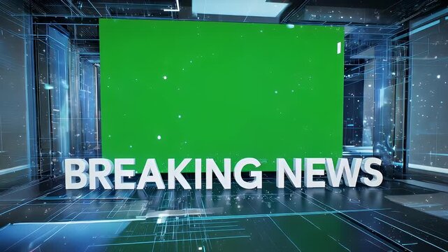 Futuristic newsroom scene with "BREAKING NEWS" and a green screen