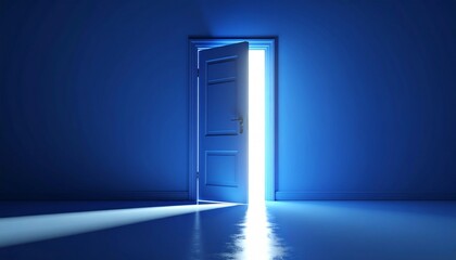 Dark blue room with slightly open door casting bright white light and reflection on shiny floor.