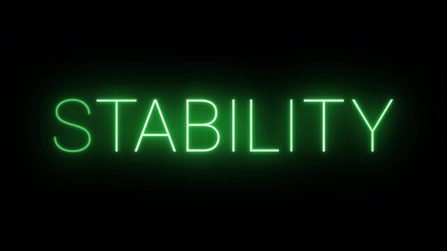 Flickering neon green glowing stability sign animated black background.