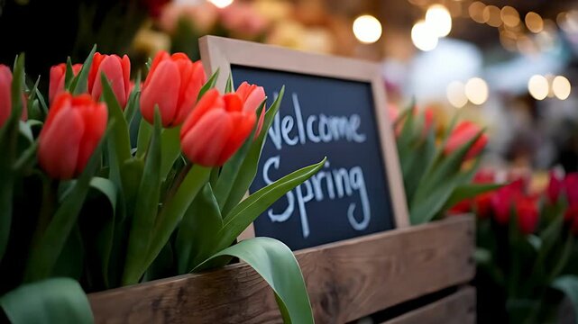 Vibrant orange tulips blooming in a rustic wooden crate signal the cheerful arrival of springtime greetings and floral market displays.