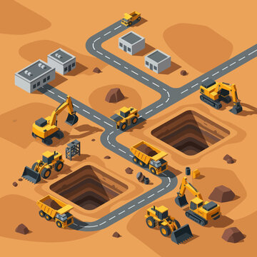 Construction Site with Heavy Machinery and Buildings.