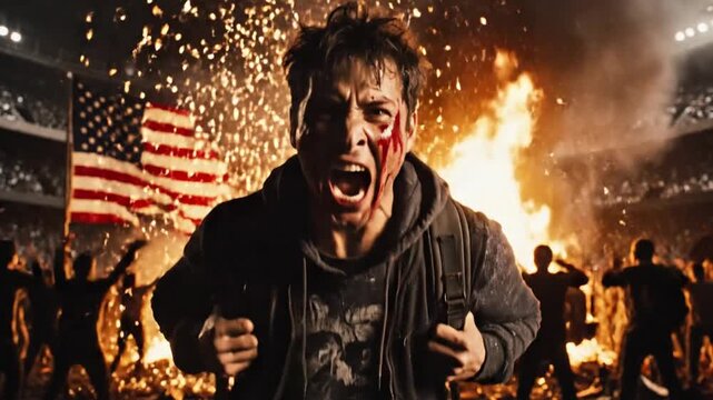 Intense portrayal of a man's raw emotion and despair amidst a violent riot, with explosions, crowds, and a flag in the background, reflecting a moment of profound crisis and civil unrest