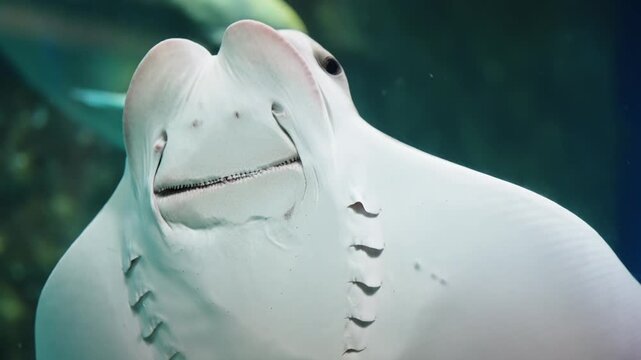 Close-up view of a graceful stingray gliding beneath the water s surface, revealing its ventral features and gill slits as it swims through clear blue aquarium waters.