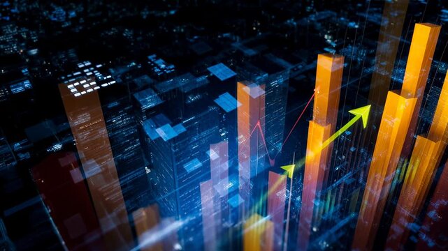 Abstract futuristic city data visualization with glowing bars and digital structures representing analytics finance growth and technology driven insights in a modern virtual urban environment