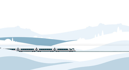 A vector illustration of a train traveling through a snowy winter landscape in Europe on a cold day. © Jangkrik