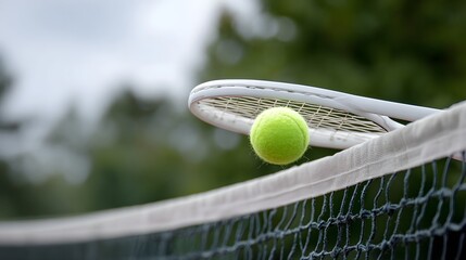A fuzzy green tennis ball is captured in motion as it strikes the net on an outdoor court with a blurred background of trees and sky