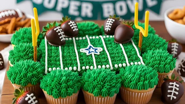 Delightful football field cupcake cake featuring chocolate covered strawberries as game balls