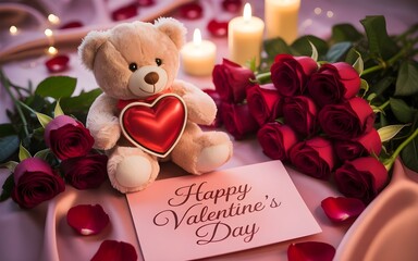 Love and romance concept with roses, candles, and plush toy