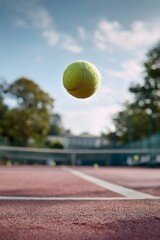 A fuzzy green tennis ball suspended in mid air frozen in motion above a vibrant red tennis court with white lines under a bright sky
