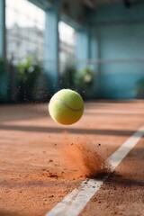 A yellow tennis ball bounces dynamically on a clay court kicking up a cloud of orange dirt near the white line