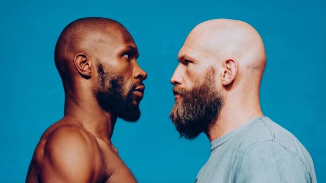 Two athletic men facing each other in intense stare conveying rivalry strength competition and psychological tension in dramatic minimal studio sports portrait