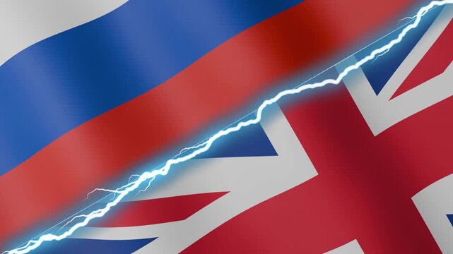 Two waving flags Russia and United Kingdom with diagonal lightning seamless, 4k loop