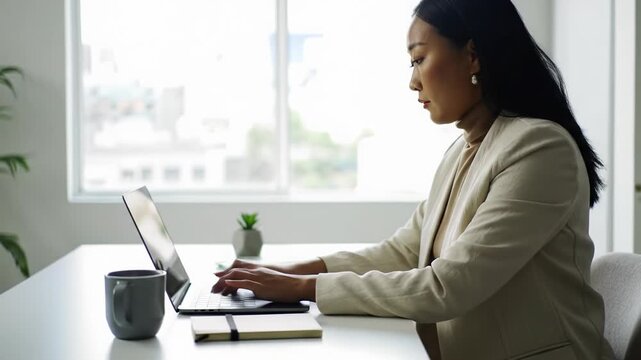 Diverse professional in muted business-casual intensely typing on sleek silver laptop at minimalist desk. Soft natural daylight, blurred home office. Calm productivity and digital proficiency concept