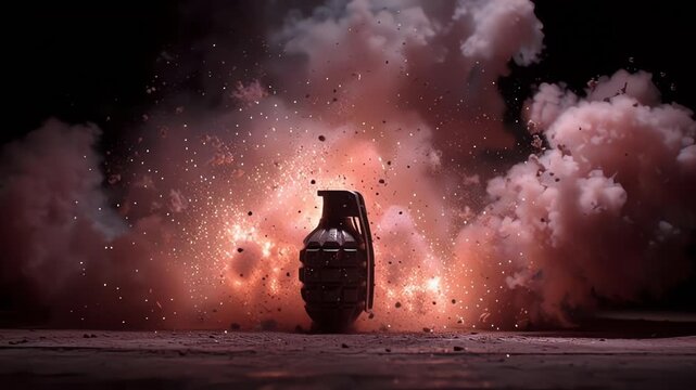 Fragmentation grenade detonating with dramatic red smoke cloud.
