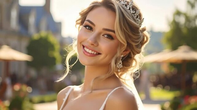 Radiant woman with tiara smiles serenely in a sunlit outdoor setting.