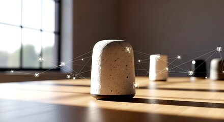 Smart Home Device with Network Connections on Wooden Table, Sunl