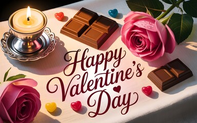 Elegant Valentine&rsquo;s Day greeting design with roses, chocolates, and warm lighting