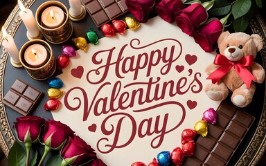 Romantic Valentine&rsquo;s Day background with red roses and heart-shaped decorations