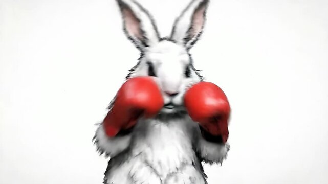 Fierce white rabbit sporting bright red boxing gloves stands ready for a competitive fight or challenging athletic endeavor
