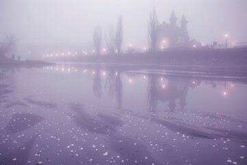 Fototapeta premium A serene, foggy landscape with a river reflecting a quaint building and lights, creating a dreamy atmosphere.