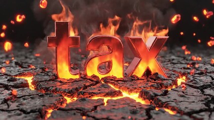 Burning Tax" word concept on a cracked, fiery ground, symbolizing the intense financial burden and economic pressure of taxation and its impact