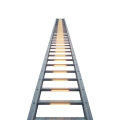 Long metal ladder with illuminated steps standing upright against a clean white background for safe climbing