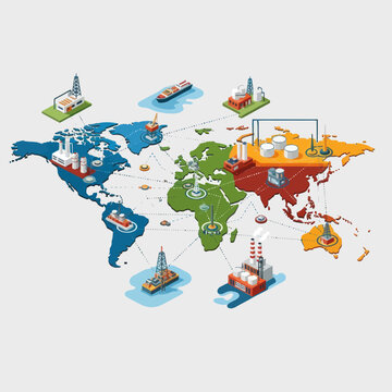 Global Map with Oil Rigs and Tankers.