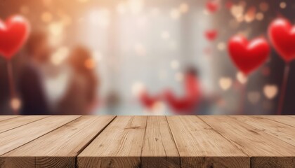 Fototapeta premium Wooden table with a blurry background and red heart balloons. The balloons are scattered around the table. Product card copy space marketplace background. Valentine's Day
