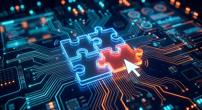 Computer chip with glowing blue puzzle pieces and a cursor completing the puzzle on a dark background with orange and blue circuit board.