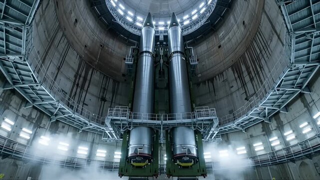 Twin intercontinental ballistic missiles stand ready for launch inside a massive concrete silo complex