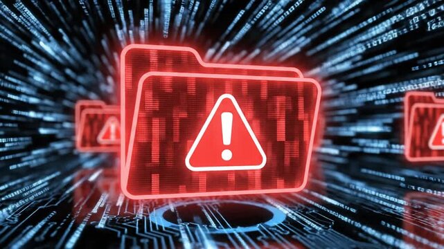 Digital hazard warning with glowing red folder icons and abstract circuit board background