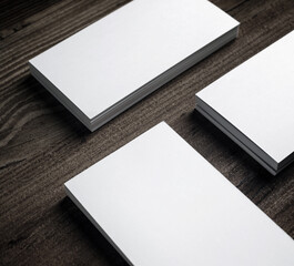 Blank white business cards on wooden surface. Mockup for branding identity. Responsive design template.