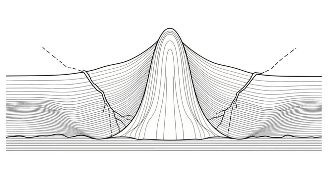 Geological anticline structure with fault lines, illustration of folded rock layers