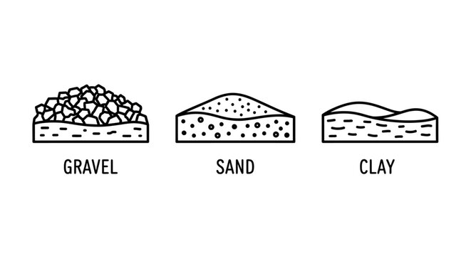 Soil types icon collection. Includes gravel, sand, clay. Created in line style with black and white palette