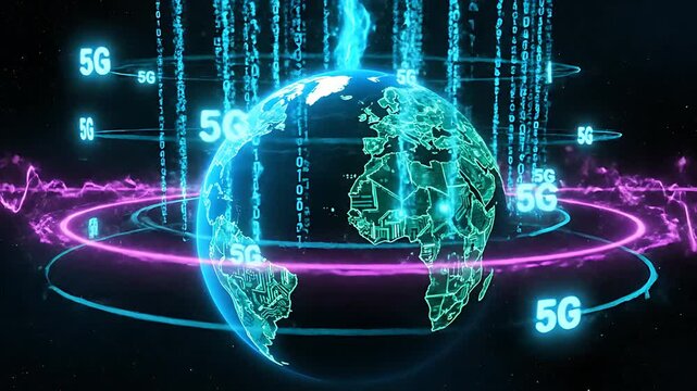Futuristic visualization depicting a glowing digital earth centered on Africa, surrounded by intense blue binary data streams and vibrant pink 5G network signal waves.