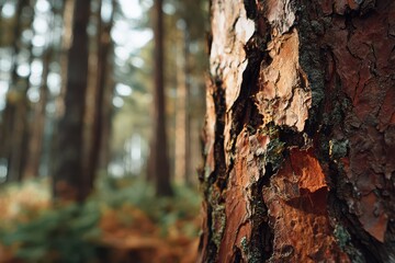 Macro shot of pine tree bark with moss in a tranquil woodland