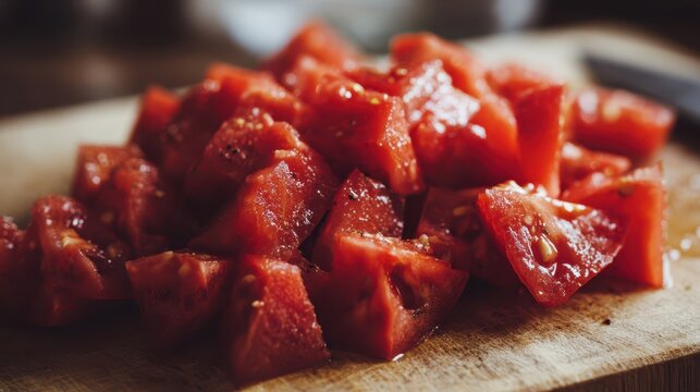 Macro shot of red tomato chunks with juicy pulp and seeds