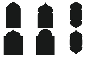 Arabic label frames. Modern islamic mosque dome and lanterns, monochrome blank arch stickers, traditional ornamental minimalist windows and simple border emblems. Vector set 