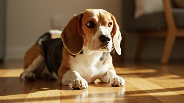 Cute beagle dog rests calmly on wooden floor with sunlight illuminating its fur and looking ahead thoughtfully