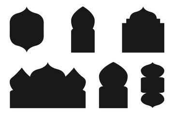 Arabic label frames. Modern islamic mosque dome and lanterns, monochrome blank arch stickers, traditional ornamental minimalist windows and simple border emblems. Vector set 
